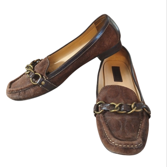 Coach Brown Suede Loafers Signature Logo Chain Moccasin Women's Flats size 10 B - Picture 1 of 14
